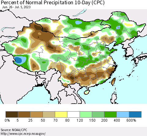 China, Mongolia and Taiwan Percent of Normal Precipitation 10-Day (CPC) Thematic Map For 6/26/2023 - 7/5/2023