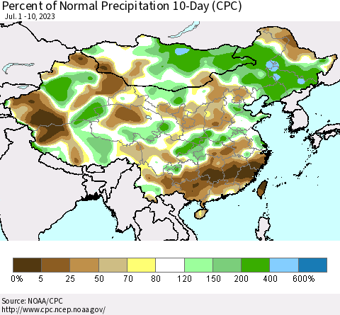 China, Mongolia and Taiwan Percent of Normal Precipitation 10-Day (CPC) Thematic Map For 7/1/2023 - 7/10/2023