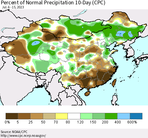 China, Mongolia and Taiwan Percent of Normal Precipitation 10-Day (CPC) Thematic Map For 7/6/2023 - 7/15/2023