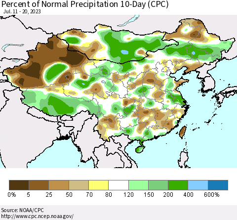 China, Mongolia and Taiwan Percent of Normal Precipitation 10-Day (CPC) Thematic Map For 7/11/2023 - 7/20/2023
