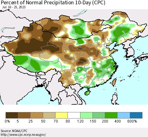 China, Mongolia and Taiwan Percent of Normal Precipitation 10-Day (CPC) Thematic Map For 7/16/2023 - 7/25/2023