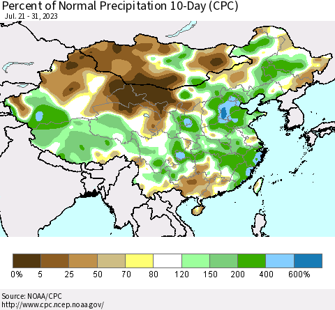 China, Mongolia and Taiwan Percent of Normal Precipitation 10-Day (CPC) Thematic Map For 7/21/2023 - 7/31/2023