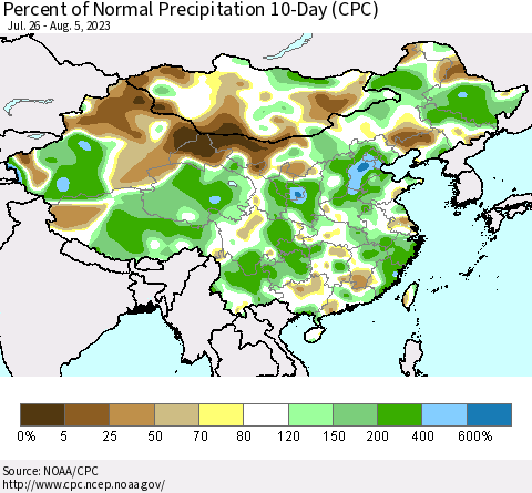 China, Mongolia and Taiwan Percent of Normal Precipitation 10-Day (CPC) Thematic Map For 7/26/2023 - 8/5/2023