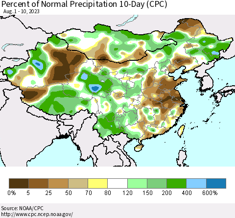 China, Mongolia and Taiwan Percent of Normal Precipitation 10-Day (CPC) Thematic Map For 8/1/2023 - 8/10/2023