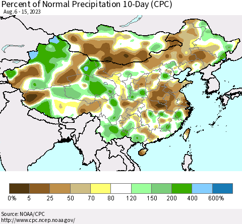 China, Mongolia and Taiwan Percent of Normal Precipitation 10-Day (CPC) Thematic Map For 8/6/2023 - 8/15/2023