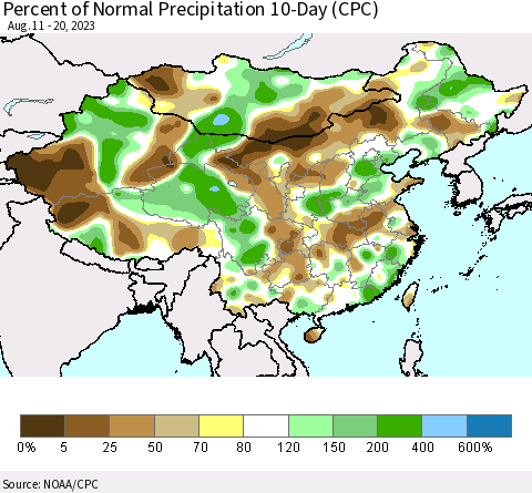 China, Mongolia and Taiwan Percent of Normal Precipitation 10-Day (CPC) Thematic Map For 8/11/2023 - 8/20/2023
