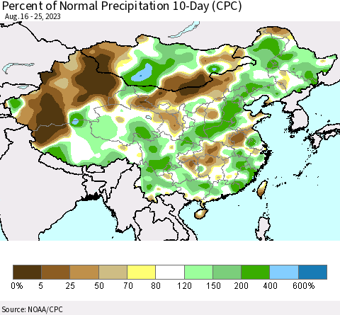 China, Mongolia and Taiwan Percent of Normal Precipitation 10-Day (CPC) Thematic Map For 8/16/2023 - 8/25/2023