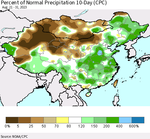 China, Mongolia and Taiwan Percent of Normal Precipitation 10-Day (CPC) Thematic Map For 8/21/2023 - 8/31/2023