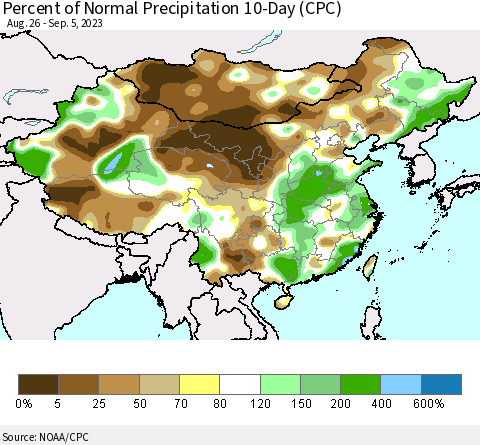 China, Mongolia and Taiwan Percent of Normal Precipitation 10-Day (CPC) Thematic Map For 8/26/2023 - 9/5/2023