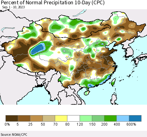 China, Mongolia and Taiwan Percent of Normal Precipitation 10-Day (CPC) Thematic Map For 9/1/2023 - 9/10/2023