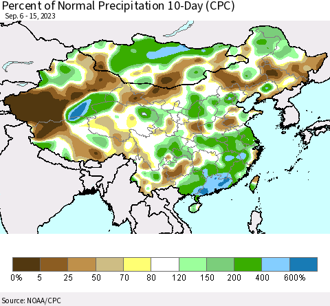 China, Mongolia and Taiwan Percent of Normal Precipitation 10-Day (CPC) Thematic Map For 9/6/2023 - 9/15/2023