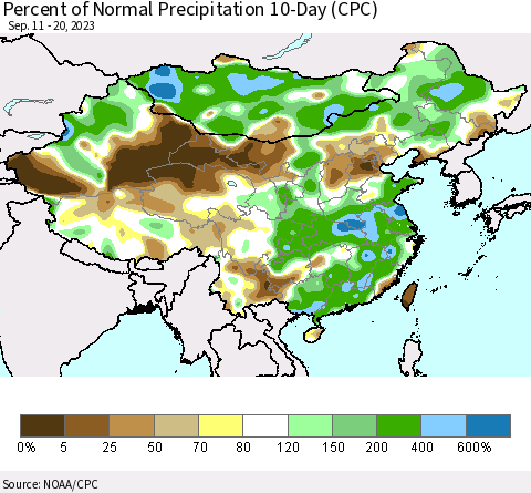 China, Mongolia and Taiwan Percent of Normal Precipitation 10-Day (CPC) Thematic Map For 9/11/2023 - 9/20/2023