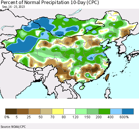 China, Mongolia and Taiwan Percent of Normal Precipitation 10-Day (CPC) Thematic Map For 9/16/2023 - 9/25/2023
