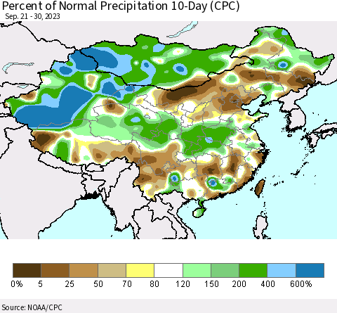 China, Mongolia and Taiwan Percent of Normal Precipitation 10-Day (CPC) Thematic Map For 9/21/2023 - 9/30/2023