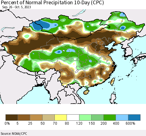 China, Mongolia and Taiwan Percent of Normal Precipitation 10-Day (CPC) Thematic Map For 9/26/2023 - 10/5/2023