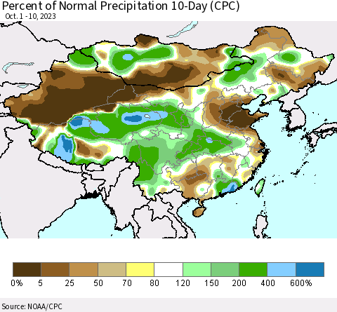 China, Mongolia and Taiwan Percent of Normal Precipitation 10-Day (CPC) Thematic Map For 10/1/2023 - 10/10/2023