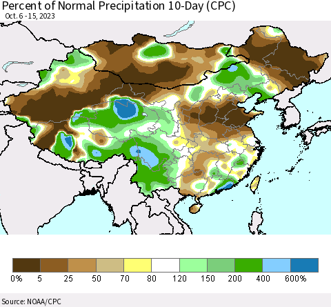 China, Mongolia and Taiwan Percent of Normal Precipitation 10-Day (CPC) Thematic Map For 10/6/2023 - 10/15/2023