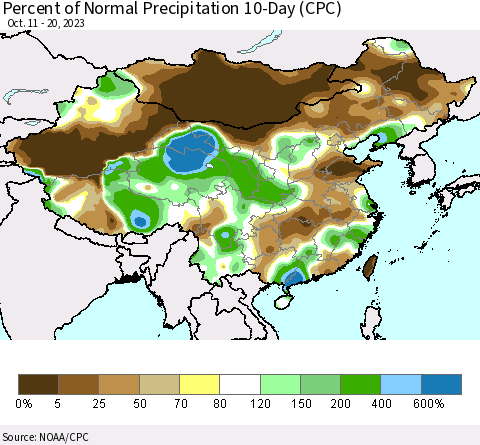 China, Mongolia and Taiwan Percent of Normal Precipitation 10-Day (CPC) Thematic Map For 10/11/2023 - 10/20/2023