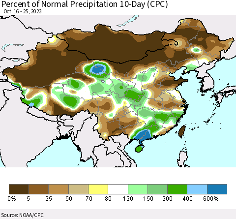 China, Mongolia and Taiwan Percent of Normal Precipitation 10-Day (CPC) Thematic Map For 10/16/2023 - 10/25/2023