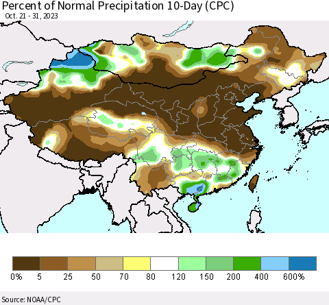 China, Mongolia and Taiwan Percent of Normal Precipitation 10-Day (CPC) Thematic Map For 10/21/2023 - 10/31/2023