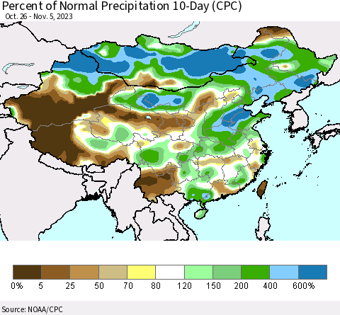 China, Mongolia and Taiwan Percent of Normal Precipitation 10-Day (CPC) Thematic Map For 10/26/2023 - 11/5/2023