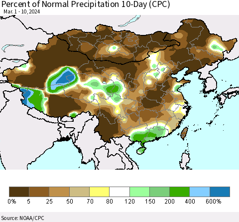 China, Mongolia and Taiwan Percent of Normal Precipitation 10-Day (CPC) Thematic Map For 3/1/2024 - 3/10/2024