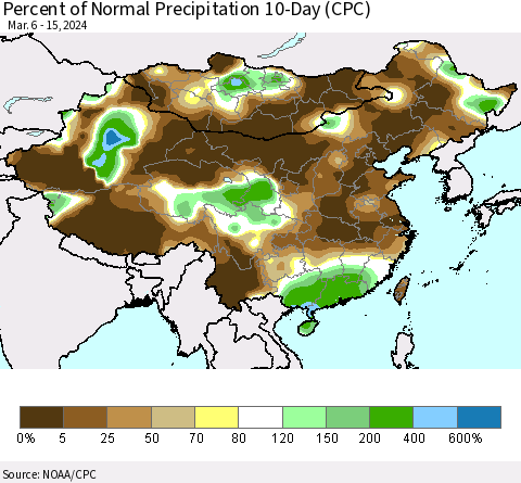 China, Mongolia and Taiwan Percent of Normal Precipitation 10-Day (CPC) Thematic Map For 3/6/2024 - 3/15/2024