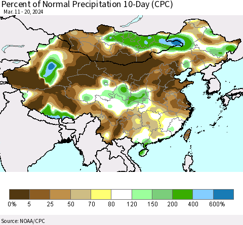China, Mongolia and Taiwan Percent of Normal Precipitation 10-Day (CPC) Thematic Map For 3/11/2024 - 3/20/2024