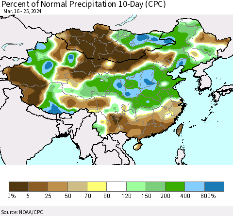 China, Mongolia and Taiwan Percent of Normal Precipitation 10-Day (CPC) Thematic Map For 3/16/2024 - 3/25/2024