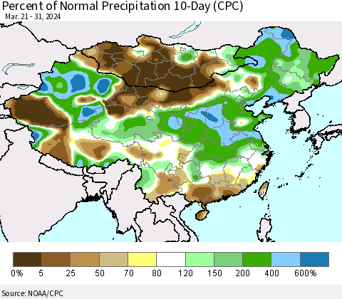 China, Mongolia and Taiwan Percent of Normal Precipitation 10-Day (CPC) Thematic Map For 3/21/2024 - 3/31/2024