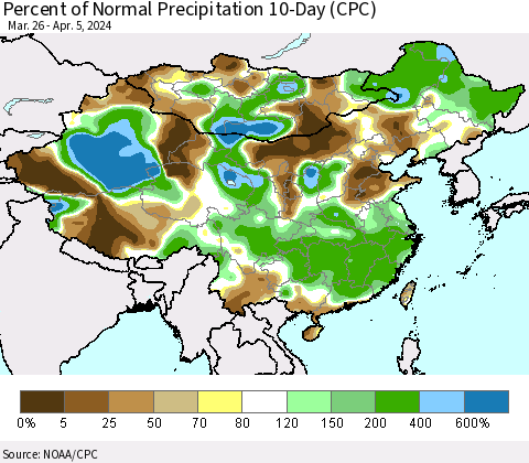 China, Mongolia and Taiwan Percent of Normal Precipitation 10-Day (CPC) Thematic Map For 3/26/2024 - 4/5/2024
