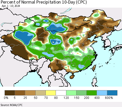 China, Mongolia and Taiwan Percent of Normal Precipitation 10-Day (CPC) Thematic Map For 4/1/2024 - 4/10/2024
