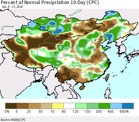 China, Mongolia and Taiwan Percent of Normal Precipitation 10-Day (CPC) Thematic Map For 4/6/2024 - 4/15/2024
