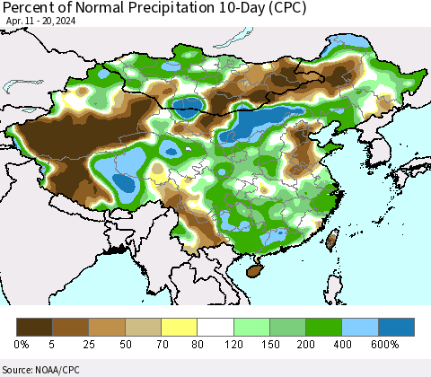 China, Mongolia and Taiwan Percent of Normal Precipitation 10-Day (CPC) Thematic Map For 4/11/2024 - 4/20/2024