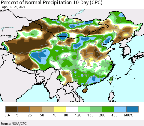 China, Mongolia and Taiwan Percent of Normal Precipitation 10-Day (CPC) Thematic Map For 4/16/2024 - 4/25/2024