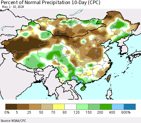 China, Mongolia and Taiwan Percent of Normal Precipitation 10-Day (CPC) Thematic Map For 5/1/2024 - 5/10/2024
