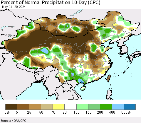 China, Mongolia and Taiwan Percent of Normal Precipitation 10-Day (CPC) Thematic Map For 5/11/2024 - 5/20/2024