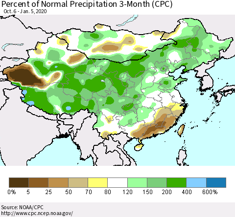 China, Mongolia and Taiwan Percent of Normal Precipitation 3-Month (CPC) Thematic Map For 10/6/2019 - 1/5/2020
