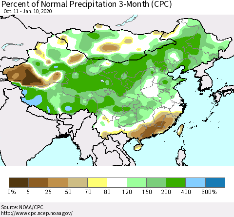 China, Mongolia and Taiwan Percent of Normal Precipitation 3-Month (CPC) Thematic Map For 10/11/2019 - 1/10/2020