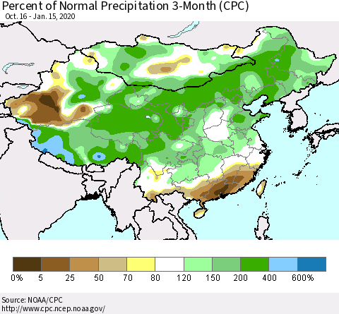 China, Mongolia and Taiwan Percent of Normal Precipitation 3-Month (CPC) Thematic Map For 10/16/2019 - 1/15/2020