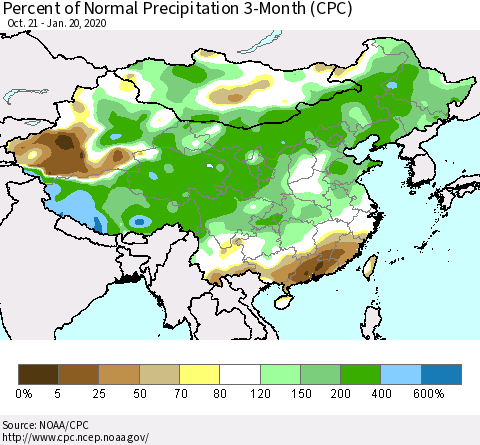 China, Mongolia and Taiwan Percent of Normal Precipitation 3-Month (CPC) Thematic Map For 10/21/2019 - 1/20/2020