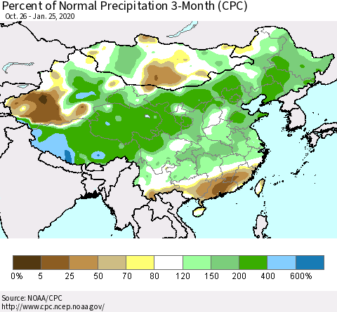 China, Mongolia and Taiwan Percent of Normal Precipitation 3-Month (CPC) Thematic Map For 10/26/2019 - 1/25/2020