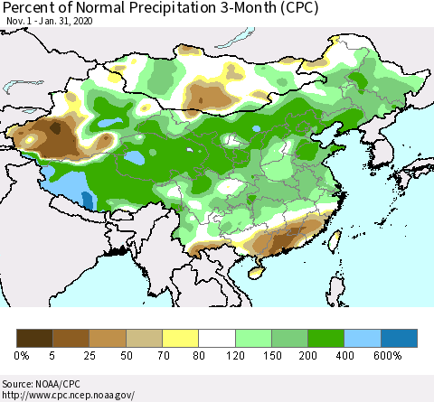 China, Mongolia and Taiwan Percent of Normal Precipitation 3-Month (CPC) Thematic Map For 11/1/2019 - 1/31/2020
