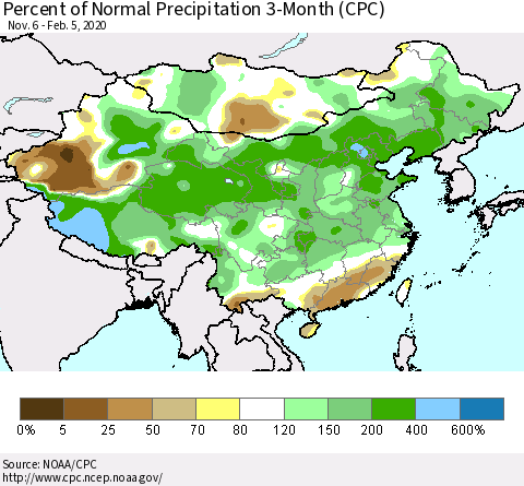 China, Mongolia and Taiwan Percent of Normal Precipitation 3-Month (CPC) Thematic Map For 11/6/2019 - 2/5/2020