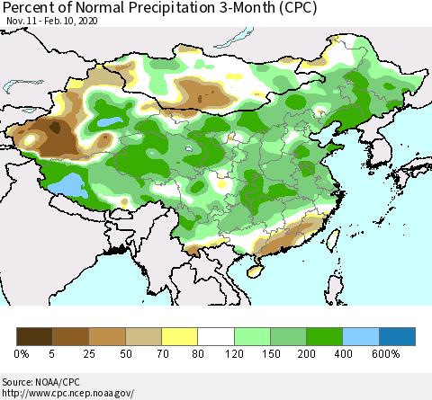 China, Mongolia and Taiwan Percent of Normal Precipitation 3-Month (CPC) Thematic Map For 11/11/2019 - 2/10/2020