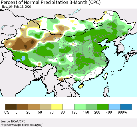 China, Mongolia and Taiwan Percent of Normal Precipitation 3-Month (CPC) Thematic Map For 11/16/2019 - 2/15/2020
