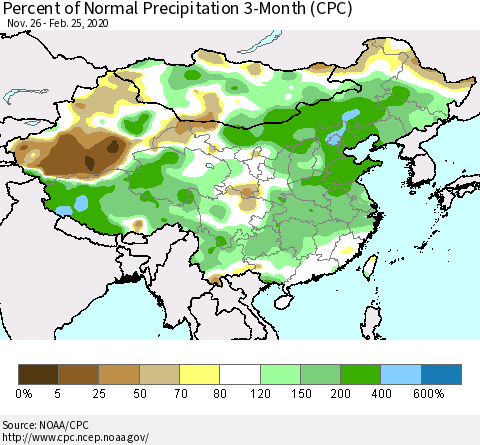 China, Mongolia and Taiwan Percent of Normal Precipitation 3-Month (CPC) Thematic Map For 11/26/2019 - 2/25/2020