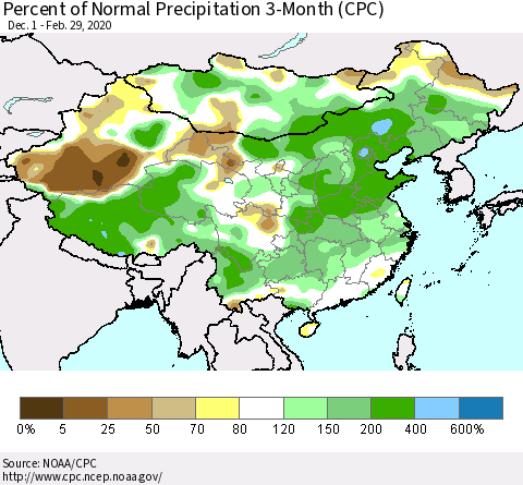 China, Mongolia and Taiwan Percent of Normal Precipitation 3-Month (CPC) Thematic Map For 12/1/2019 - 2/29/2020
