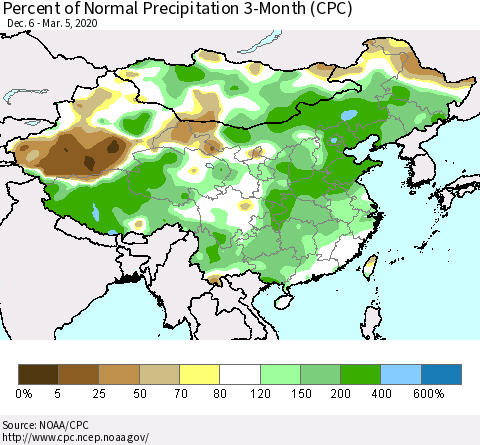 China, Mongolia and Taiwan Percent of Normal Precipitation 3-Month (CPC) Thematic Map For 12/6/2019 - 3/5/2020