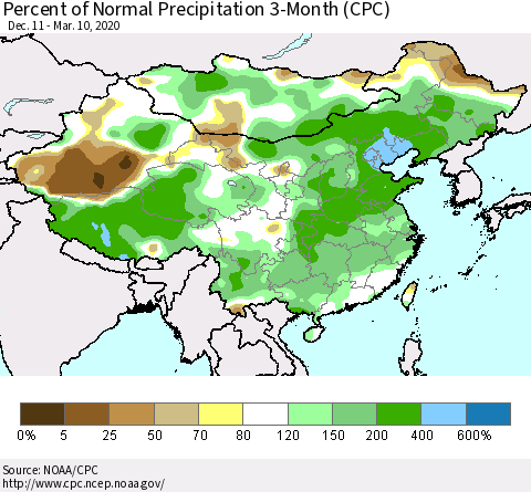 China, Mongolia and Taiwan Percent of Normal Precipitation 3-Month (CPC) Thematic Map For 12/11/2019 - 3/10/2020